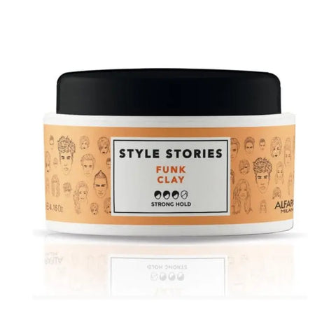 Alfaparf Milano Style Stories Funk Clay 100ml jar with black lid, showcasing the product on a white background.