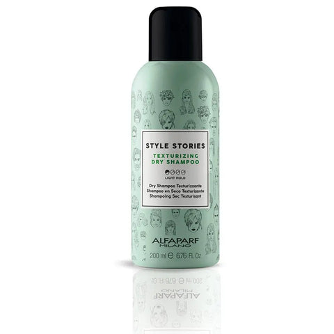 Alfaparf Milano Style Stories Texturizing Dry Shampoo 200ml bottle with black and white packaging, on a white background.