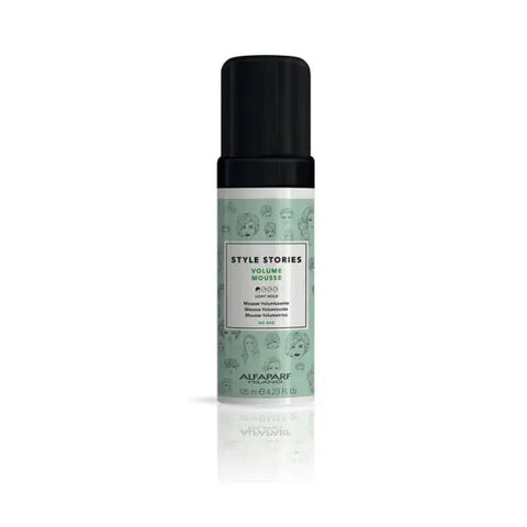 Alfaparf Milano Style Stories Volume Mousse 125ml bottle with pump, for adding volume and texture to hair.