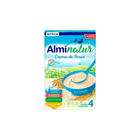 Almirón Alminatur rice cream cereal in 250g box, presented by Jag Couture London New York, with a bowl of cereal and spoon.