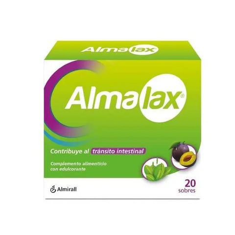 Almirall Almalax 3g laxative envelopes by Jag Couture London and New York, showing a box of 20 envelopes for digestive relief.