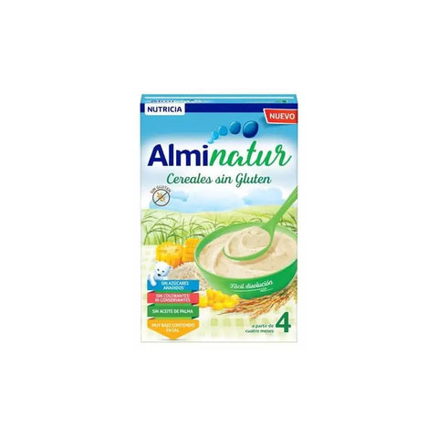 Almirón Alminatur gluten-free cereals in a 250g box, displayed with packaging from Jag Couture London New York.