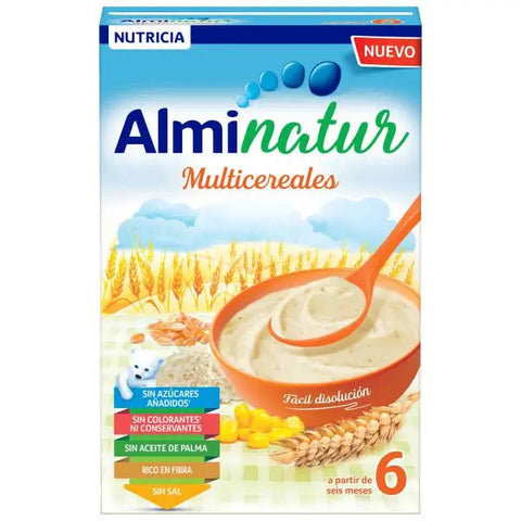 Almirón Alminatur Multicereal 250g jar with colorful label, showcasing a nutritious cereal blend by Jag Couture London New York.