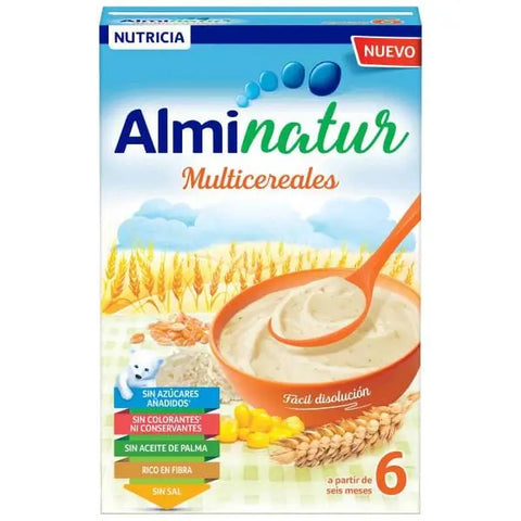 Almirón Alminatur Multicereal 250g box with colorful cereal grains and packaging from Jag Couture London New York