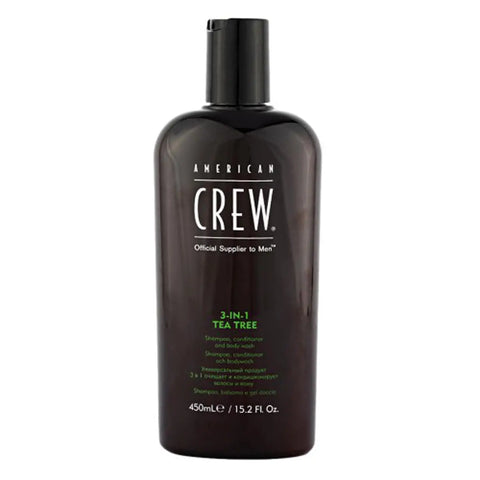 American Crew 3-in-1 Tea Tree Shampoo, Conditioner, and Body Wash in 450ml bottle, with green label and pump dispenser.