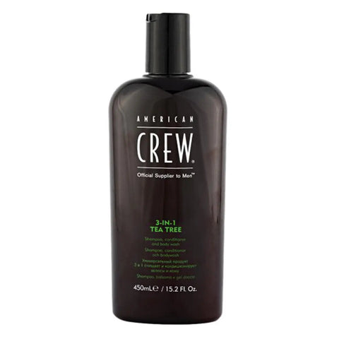 American Crew 3-in-1 Tea Tree Shampoo, Conditioner, and Body Wash in 450ml bottle, with label and product details visible.