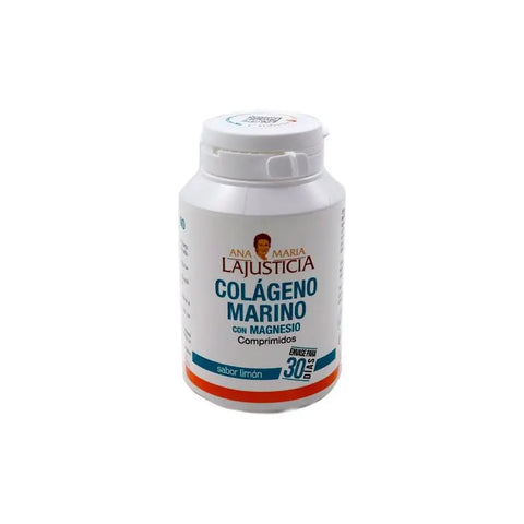 Ana María Lajusticia Collagen Marine Magnesium supplement with lemon flavor, 180 capsules, in a bottle with label and cap.