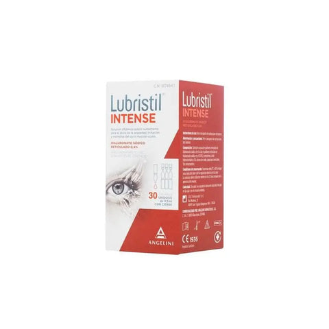 Box of Angelini Lubristil Intense 30 single-dose eye drops in a white package with blue accents, from Jag Couture London New York.