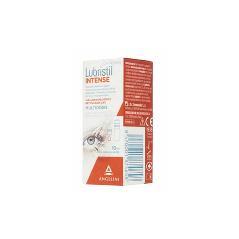 Jag Couture London Angelini Lubristil Intense 10ml multidose eye drop bottle with blue cap and clear label on white background.