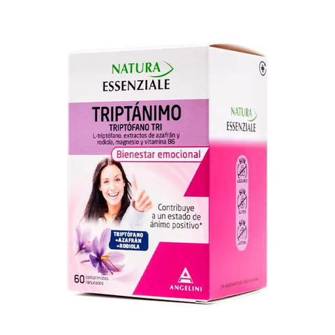 Angelini Natura Tryptophan Tri 60 tablets supplement in a white bottle with a blue label, displayed on a neutral background.