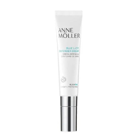 Anne Möller Blockâge Blue L-Eye Defender Cream 15ml jar, featuring a sleek blue packaging, designed for eye area hydration and protection.