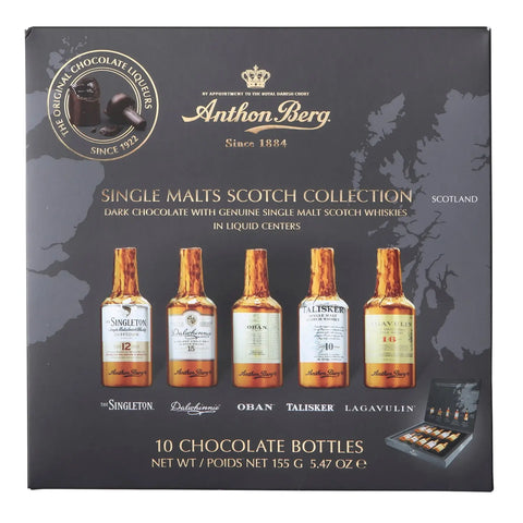Assorted Anthon Berg whisky liqueur collection with 10 pieces in elegant packaging by Jag Couture London New York.