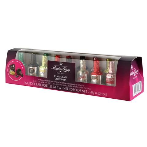 Assorted Anthon Berg 16-piece chocolate cocktail set by Jag Couture London New York, featuring detailed chocolate drink replicas.