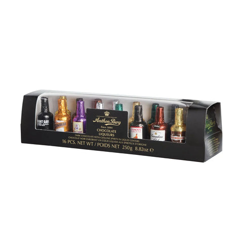 Assorted Anthon Berg 16-piece chocolate liqueurs box by Jag Couture London New York, featuring various chocolate and liqueur confections.