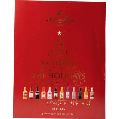 Anthon Berg liqueur advent calendar with 24 mini chocolate bottles, featuring liqueur-filled chocolates in a 37x29x4.5 cm box.