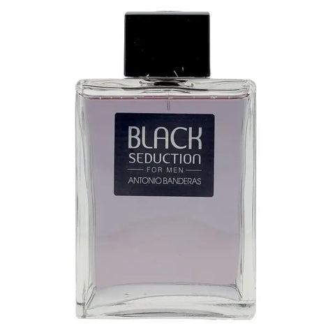 Antonio Banderas Black Seduction for Men Eau De Toilette spray in 200ml bottle, with sleek black packaging and silver accents.