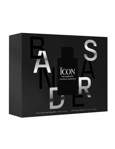 Antonio Banderas Est A Banderas The Icon 100 Edp deodorant bottle from Jag Couture London New York, featuring a sleek design and silver accents.