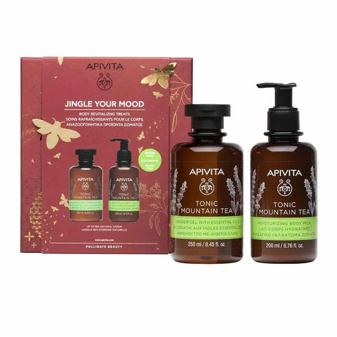 Apitiva revitalising body treatment set with two pieces from Jag Couture London New York, featuring skincare bottles and packaging.