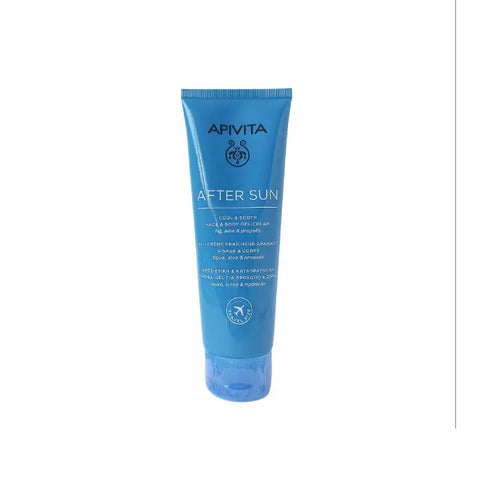 Apivita after sun soothing cream-gel for face and body in 100ml tube, designed to refresh and hydrate skin after sun exposure.