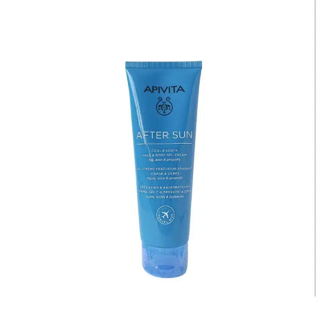 Apivita after sun refreshing and soothing cream-gel for face and body in 100ml jar, ideal for skin hydration and cooling relief.
