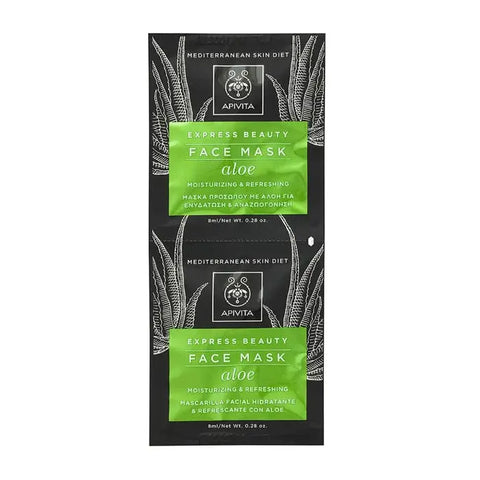 Apivita Aloe Express Face Mask 2x8ml in clear tubes, with aloe vera ingredients, displayed on a clean surface.