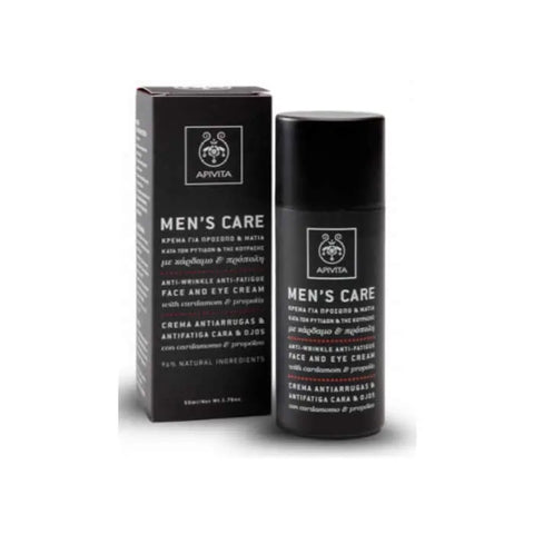 Jar of Apivita anti-wrinkle, anti-fatigue face and eye cream, 50ml, with applicator and skincare packaging.