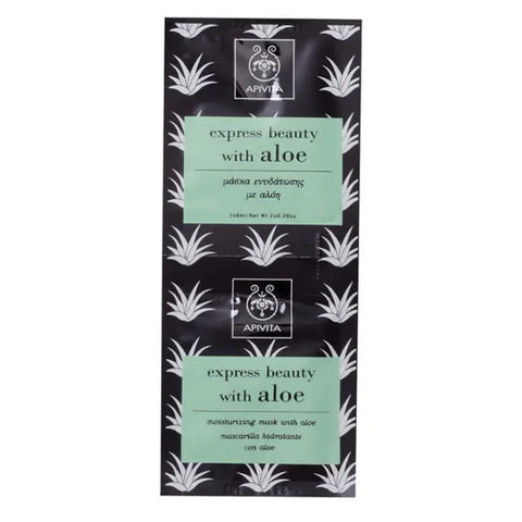 Apivita Beauty Express moisturizing and refreshing face mask with aloe, in two 8ml tubes, on a neutral background.