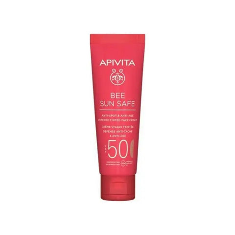 Apivita Bee Sun Anti-Spot and Anti-Age Defense Tinted Face Cream SPF50 in 50ml, with beige tinted formula and sun protection for face