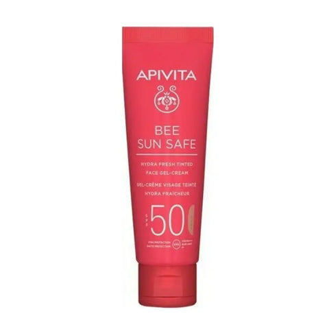 Apivita Bee Sun Hydra Fresh tinted face gel cream SPF50 in 50ml, with natural, hydrating texture and light tint on the skin.