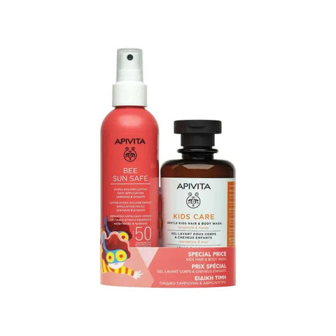Apivita Bee Sun Safe SPF 50 children's spray lotion and Kids Hair & Body Hair & Mandarin Honey 200ml bottles, natural skincare products
