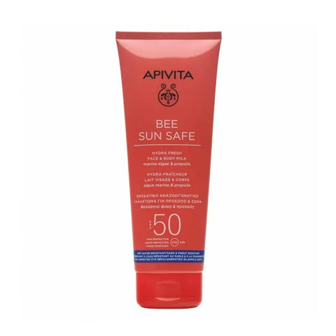Apivita Bee Sun Safe Hydra Fresh Face and Body Milk SPF50 200ml, lightweight sunscreen for skin protection.