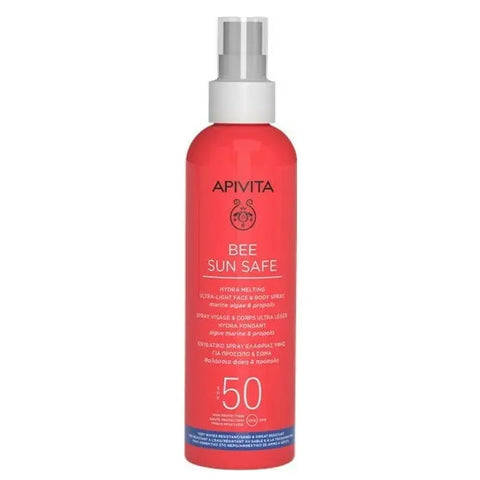 Apivita Bee Sun Safe Hydra Melting SPF50 ultra-light face and body spray in 200ml bottle, with spray nozzle, on a white background.
