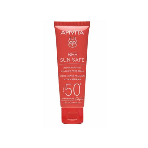 Apivita Bee Sun Safe Hydra Sensitive soothing face cream with SPF 50+ in 50ml jar, designed for sensitive skin.