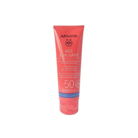 Apivita Bee Sun Safe Moisturizing Refreshing Emulsion SPF50 for face and body, 100ml, shown in a sleek tube.