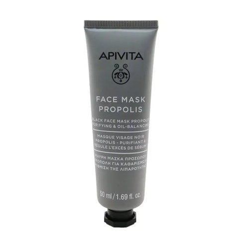 Apivita Black Face Mask with Propolis in a 50ml jar, shown with black clay and natural ingredients for skincare.