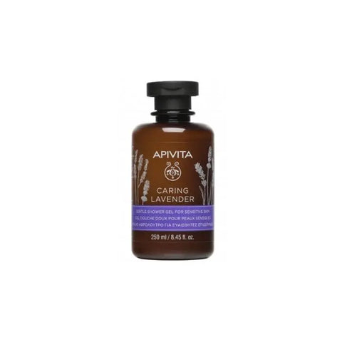 Apivita Caring Lavender Shower Gel 250ml bottle with lavender and botanical ingredients, displayed on a clean background