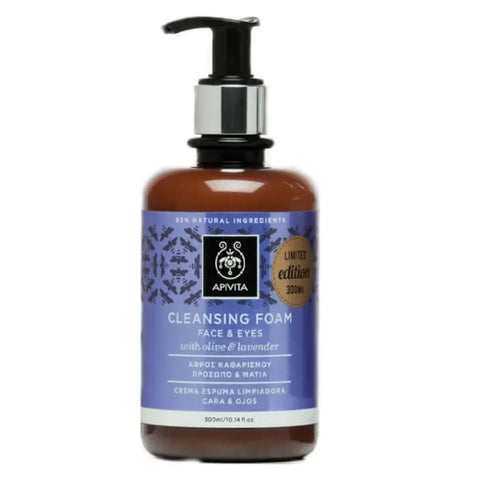 Apivita cleansing foam face wash in a 300ml bottle, suitable for daily skincare, with a sleek design and natural ingredients.