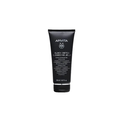 Apivita Black Detox Cleansing Gel in 150ml tube, featuring a black detox formula, displayed on a clean surface.