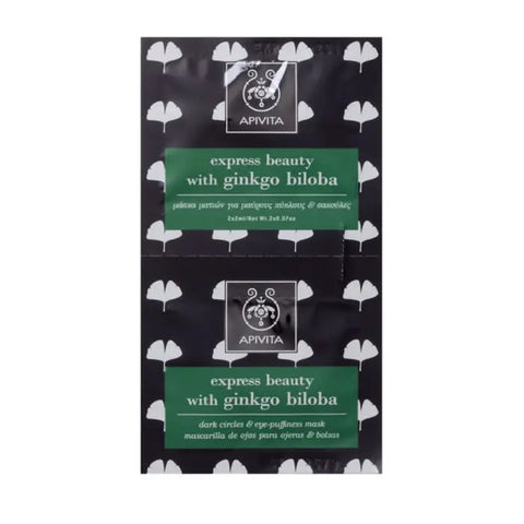 Apivita dark circles and eye puffiness mask with Ginkgo Biloba, 2x2ml, shown in a sleek applicator package.