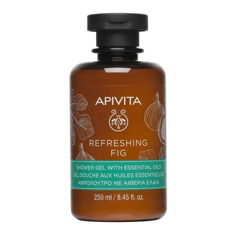Apivita Fig Shower Gel with Essential Oils in 250ml bottle, featuring a clear gel with fig and botanical ingredients.