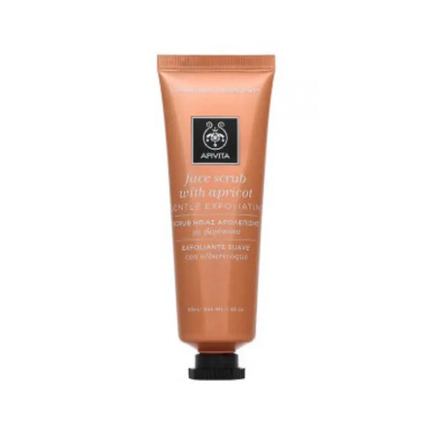 Apivita gentle facial exfoliating mask with peach, 50ml, shown in a clear jar with peach slices and natural ingredients