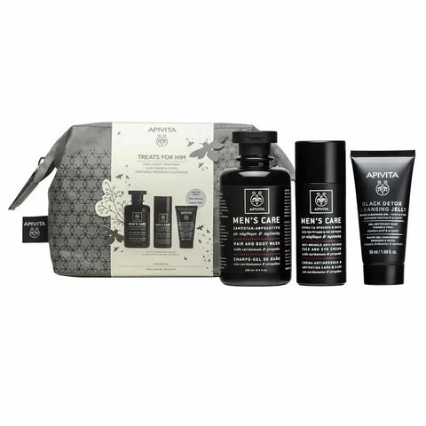 Apivita men's face and body care set with three products, featuring natural ingredients, in sleek packaging.