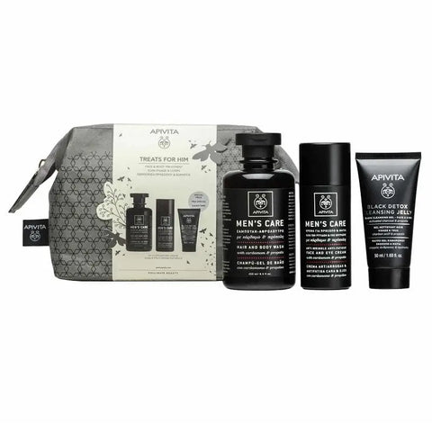Apivita men's face and body care set with three products, featuring bottles and tubes in a sleek packaging.