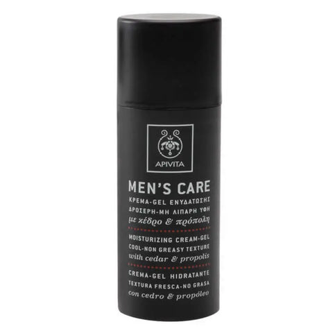 Apivita men's care moisturizing cream gel in 50ml jar, with a clean, modern design, suitable for men's skincare routines.