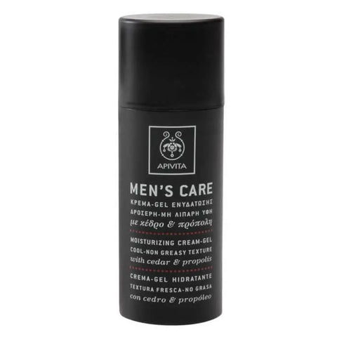 Apivita Men's Care Moisturizing Cream Gel in 50ml jar, shown with textured packaging and product label.