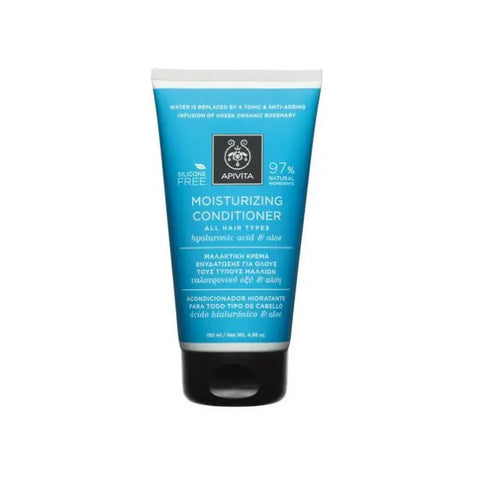 Apivita moisturizing conditioner with hyaluronic acid and aloe in 150ml bottle, featuring a white and green packaging design.
