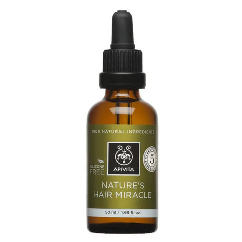 Apivita Nature Hairs Miracle 50ml hair treatment bottle with natural ingredients, displayed on a neutral background.