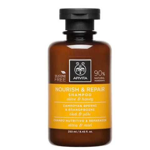 Apivita Nourish and Repair Shampoo with Olive and Honey in 250ml bottle, featuring natural ingredients for healthy hair.