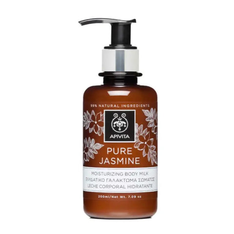 Apivita Pure Jasmine Moisturizing Body Milk in a 200ml bottle, featuring jasmine scent and smooth, nourishing lotion texture.