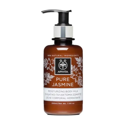 Apivita Pure Jasmine Moisturizing Body Milk in a 200ml bottle, with elegant packaging and jasmine floral design.